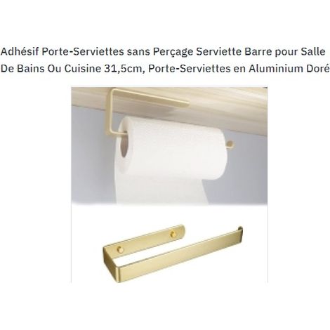 Barre à serviettes adhésive sans perçage, support mural en aluminium doré pour salle de bain ou cuisine, 31,5 cm, fixation facile par collage, design résistant et moderne. (1/4)