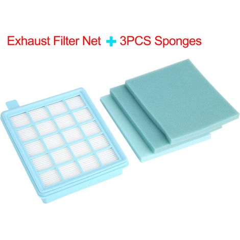 Abluftfilter + 3 Schwämme für Philips FC8471/8630/9322 Staubsauger, waschbar, hellblau und weiß