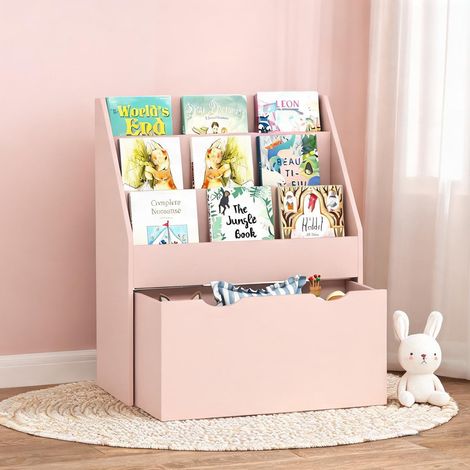 Bibliothèque enfant 3 étagères avec tiroir sur roulettes MDF rose (1/5)