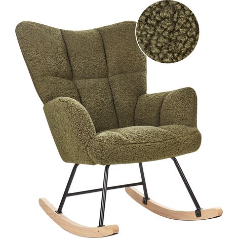 Silla mecedora de bouclé verde oscuro negro madera clara patas de madera Oulu
