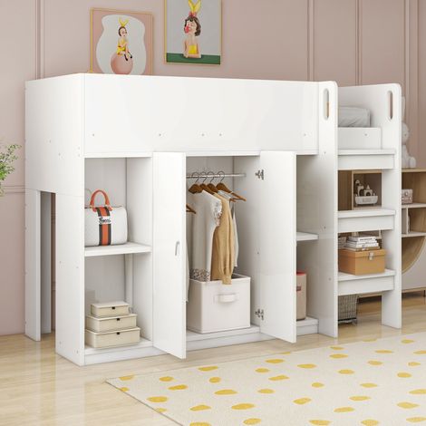 Bett Hochbett Stauraum 90x200 Holz mit Schrank OKMYHOME (1/5)