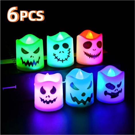 Lot de 6 Bougies LED Halloween en Forme de Fantôme, Sans Flamme, Effet Vacillant, Décoration de Table à Piles (1/5)