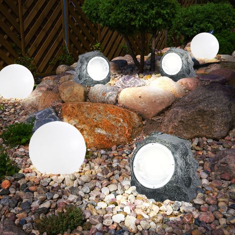 Solarlampen Gartendeko Lampen Steinoptik für Außen Garten LED Terrassen Dekoration Kugel Solar, Kunststoff weiß grau, LED 3000K, 6er Set