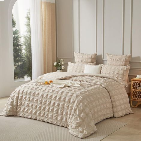 Seersucker Housse de Couette Beige 220x240 Unie a Carreaux Rayés Parure de Lit 2 Personnes Adulte Linge de Lit en Microfibre Uni Parure Housse Couette zippée avec 2 Taies d'oreiller 65x65 (1/5)