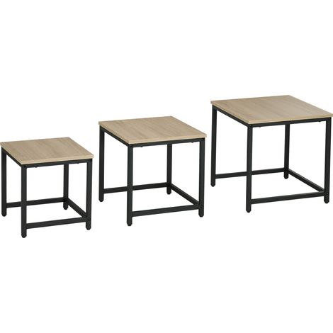 Set aus 3 schwarzen Beistelltischen aus Stahl, Industriedesign, Tischplatte in Holzoptik