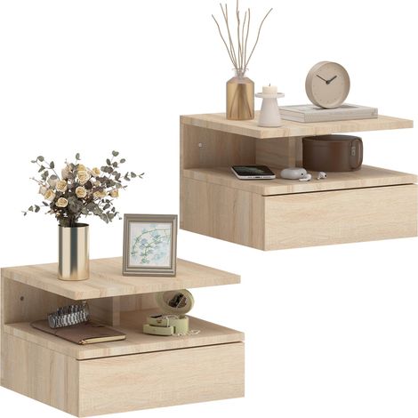 Ensemble de 2 tables de chevet suspendues avec tiroir et étagère ouverte, 35 x 32 x 22,5 cm, chêne