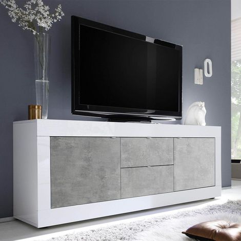 Mobile Porta TV Basic - 2 Ante, 2 Cassetti - Per Salotto, Soggiorno - Televisione - Bianco in Truciolare Melaminico, 210 x 43 x 66 cm (1/5)