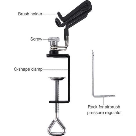 Universal Airbrush Holder, C Forme Clamp Airbush Stand Tool avec 2 Racks de Pinceau et Rack Latéral pour Le Régulateur de Pression Barges de Table jusqu'à 3 Pouces (1/4)