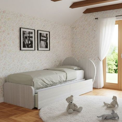 Letto singolo a cuore 80x190 con cassetti - Rovere rock