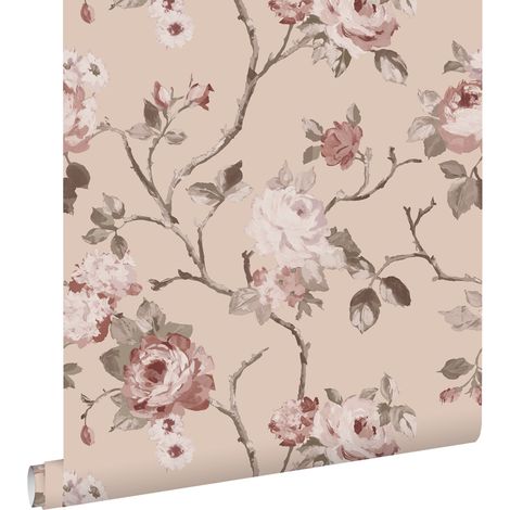 Papier peint à motif fleurs vintage rose – 53 cm x 10,05 m – Intissé écologique – Pose facile sans table à tapisser – Estahome