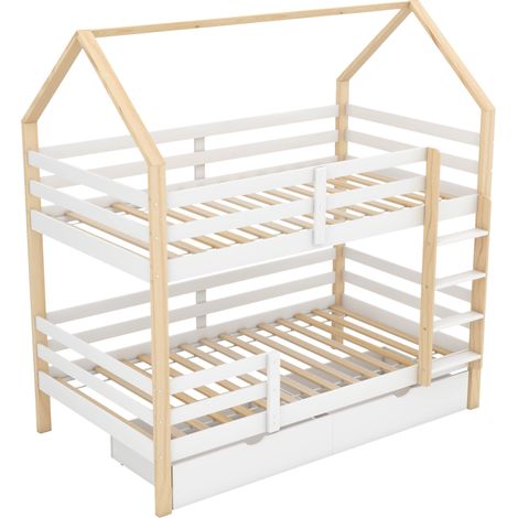 Cama litera infantil estilo casa de pino 90 x 200 cm con cajones, blanco y madera (1/5)