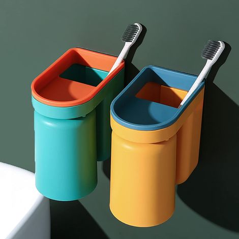 Brosse à Dents et Porte-gobelet, Porte-gobelets de Brosse à Dents drainant à l'envers sans poinçon pour la Famille, Les Enfants, Les Adultes (vert+jaune) (1/5)
