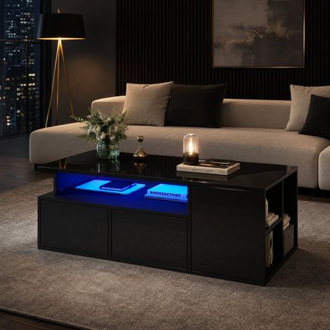 Tavolino LED 100 x 50 x 35 cm con 2 cassetti, contenimento a 3 livelli, nero DESVIAE (1/5)