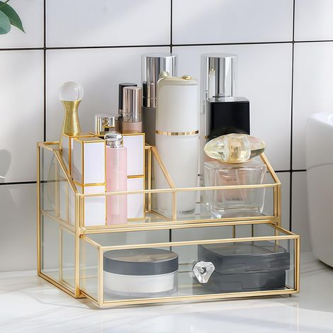 Organizador de maquillaje con cajones, caja de almacenamiento de cosméticos dorada, organizador de cosméticos vintage, organizador de cosméticos de vidrio (1/4)