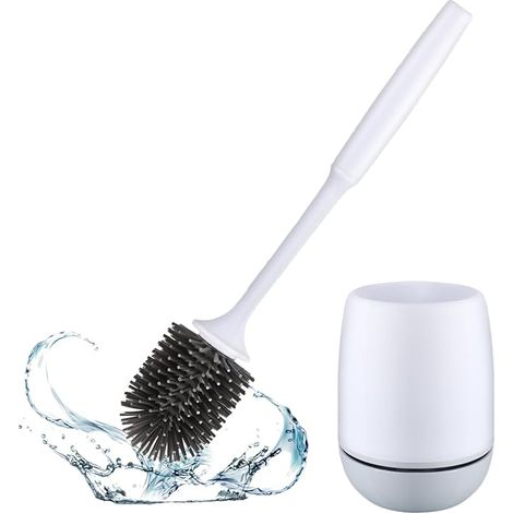 Toilet Brush with Base, Silicone Toilet Brush Set, Silicone Bristles Not Easy to Scratch, Can Be Wall Mounted or Floor Standing White (1/5)
