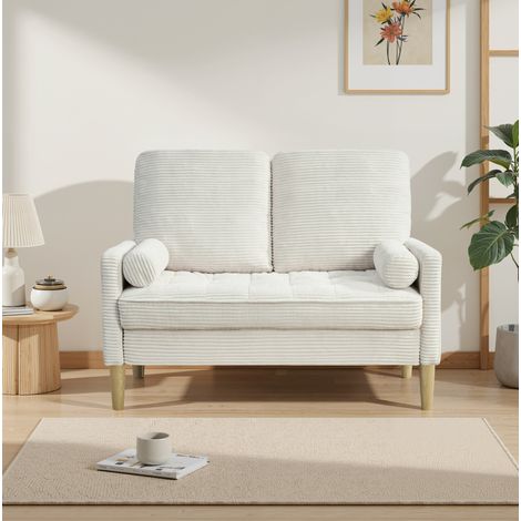 Divano 2 posti beige in velluto a coste e legno, stile scandinavo compatto con cuscini imbottiti (1/5)