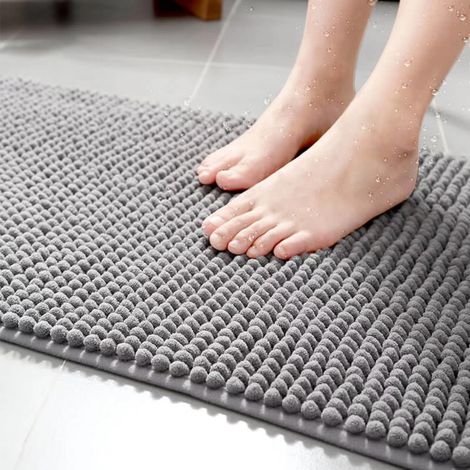 Tapis de bain absorbant antidérapant 40x60 cm gris anthracite, pour douche, baignoire, WC, cuisine, microfibre chenille, lavable en machine (1/4)