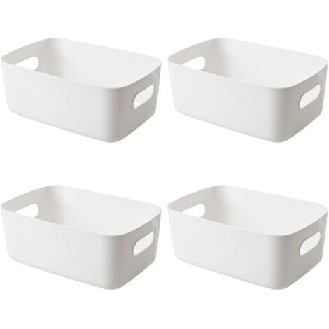 Bac Rangement Plastique, 4pcs Panier Plastique Rangement, Durable, Robuste, Avec Poignées des Deux Côtés, Panier de Rangement Plastique pour Cuisine,Salle de Bain,Chambre D'enfant, Placard(Blanc (1/4)