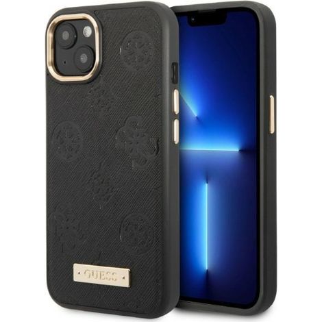 Funda rígida Guess GUHMP13MSAPSTK para iPhone 13/14/15 de 6,1 pulgadas, color negro/negro, con placa con logotipo de peonía y MagSafe. (1/5)