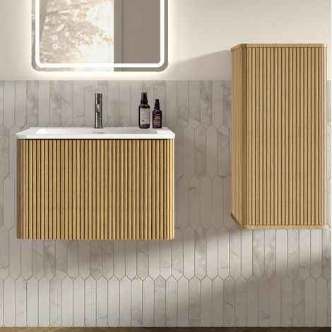 Mueble lavabo con mueble bajo lavabo suspendido 60 cm y mueble lateral, roble HAVRYA (1/5)