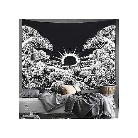 Tapisserie Murale Mandala Tapisserie Grande Vague mit Coucher de Soleil Tapisserie Noir et Blanc Ocan Tapisserie Tenture Murale pour Salon Chambre (V