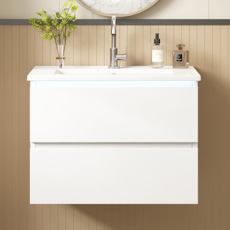 Mueble baño suspendido con lavabo LED blanco moderno OKMYHOME (1/5)