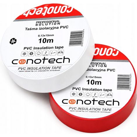 Set di 2 nastri isolanti in PVC Conotech, bianco e rosso, da 10 m ciascuno, larghezza 10 m. (1/2)