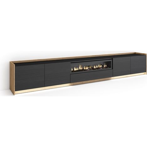 Skraut Home - Mueble TV, Televisión, Muebles de salón, almacenaje, 310x37x50cm, Para TV hasta 80", Chimenea eléctrica, LED, Estilo Moderno, Negro y roble (1/5)
