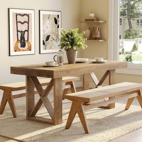 Tribesigns 160 cm Esstisch für 4-6 Personen, Landhaus-Design mit Massiver Optik, Rechteckiger Küchentisch für Esszimmer, Wohnzimmer, Braun (1/5)