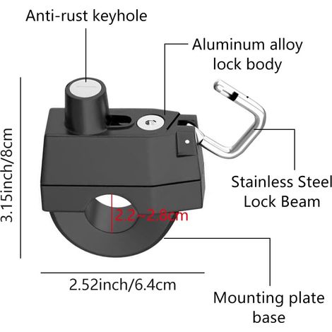 Antivol Casque Moto, Serrure de Casque de Moto, Verrouillage du Casque, Verrou de Casque Antivol, Antivol de Casque Universel avec Clés, pour Tube de Guidon de 22 à 28 mm, Moto, Vélo ou Scooter