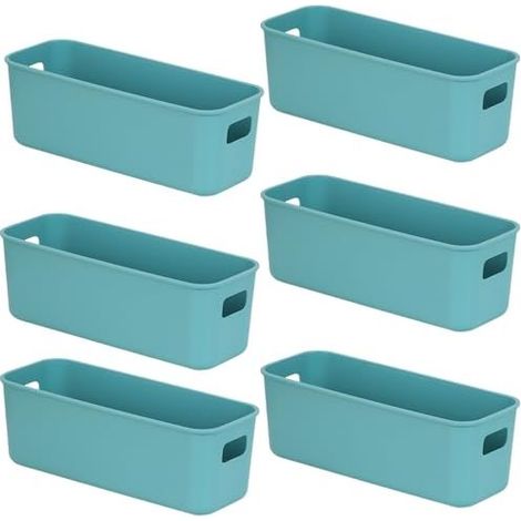 6 Boite Rangement Plastique,28cm Latéral étroit Boite de Rangement,Paniers et Boîtes de Rangement avec Poignées,Bac de Rangement Pour Cuisine,Salle de Bains,Bureau 28×10×11cm (Vert) (1/4)