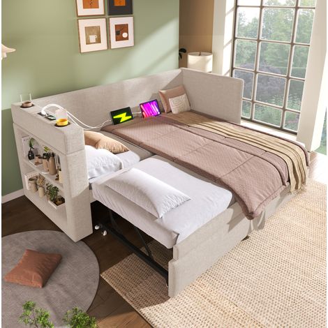 Canapé-lit 90 x 190 cm avec lit gigogne, ports USB et Type-C, beige HAVRYA (1/5)
