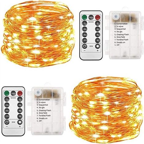 Juego de 2 guirnaldas de luces LED a pilas，10 m，100 LED，con mando a distancia，8 modos de iluminación，resistente al agua IP20，Morado oscuro (1/5)