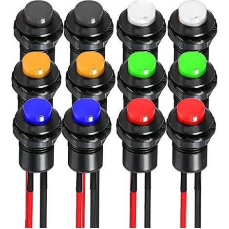 Gebildet 12 Stück 12 mm vorverdrahtete selbstverriegelnde Drucktaster DS-428/427/425, Mini-Rund-Wippschalter, für Tischlampen, Haushaltsgeräte (1/4)