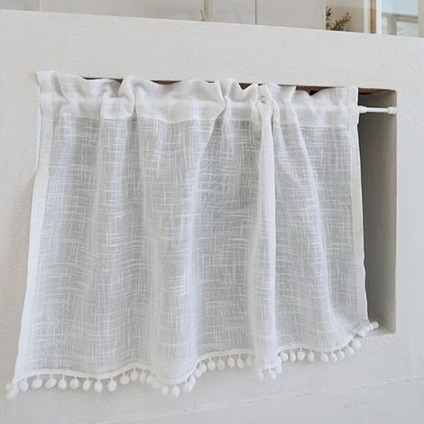Lntyq – Rideau brise-bise court pour petite fenêtre 130x80cm – Lin et coton transparent blanc uni – Poche pour tringle – Pour cuisine et bistro