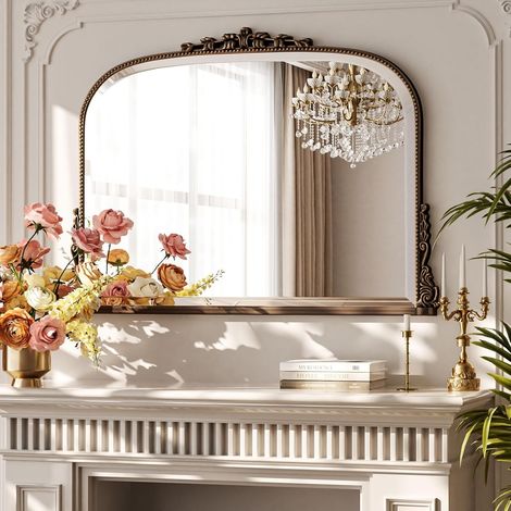 Miroir mural avec arc de 90 x 67 cm, miroir ovale baroque avec cadre en cuivre, miroir mural vintage incassable, grand miroir décoratif pour salon, salle de bain, couloir (1/5)