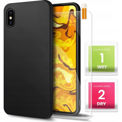 Coque pour iPhone X/XS noire, mate, fine, en silicone avec verre 9H (1/5)