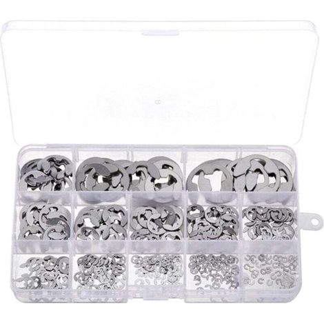AIPERQ Lot de 400 anneaux élastiques externes de type E, assortiment d'anneaux élastiques en acier inoxydable pour cannelure d'arbre de machine avec boîte d'emballage (1/3)