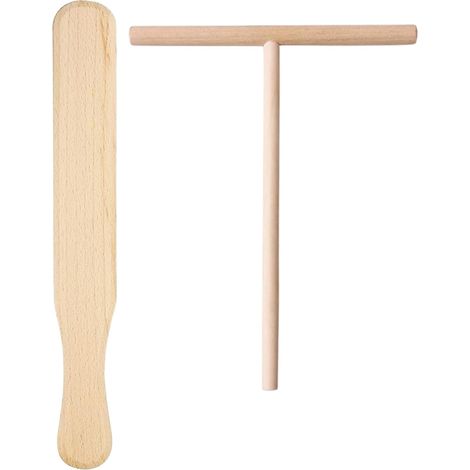 Lot de 2 Spatule, Râcleur Bois Hêtre 30cm, Distributeur 22cm, Crêpe Pancake (1/5)