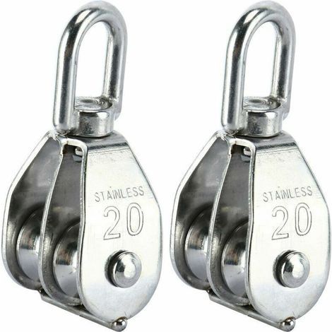 Satz mit 2 M20 Doppelrollenblöcken – Edelstahl 304 – Maximale Belastung 75 kg – 7 mm Seil – Drehhaken für optimale Zugkraft (1/5)