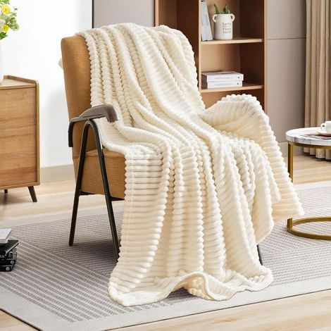 Couverture Douillette en Laine - 127 x 156 cm - Blanc Moelleux et Chaud - pour canapé, Salon, Hiver - Sherpa (1/5)