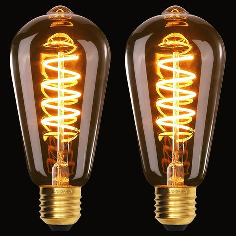 Lot de 2 ampoules LED vintage E27, ST64, 4 W, 220-240 V, filament spiralé, lumière jaune chaud 2200 K, verre ambré, ampoule Edison dimmable [Classe énergétique E] (1/5)