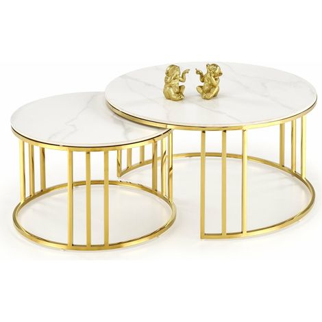 Conjunto mesa de centro Houston 1503, Dorado + Mármol blanco, 45x0x0cm, Diámetro: 80, Vidrio templado, Redonda, Parcialmente montado