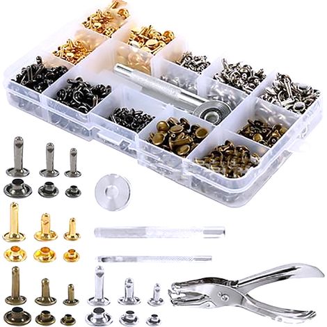 Kit di rivetti per pelle da 6 mm e 8 mm, con doppio cappuccio e strumento di installazione per abbigliamento artigianale.