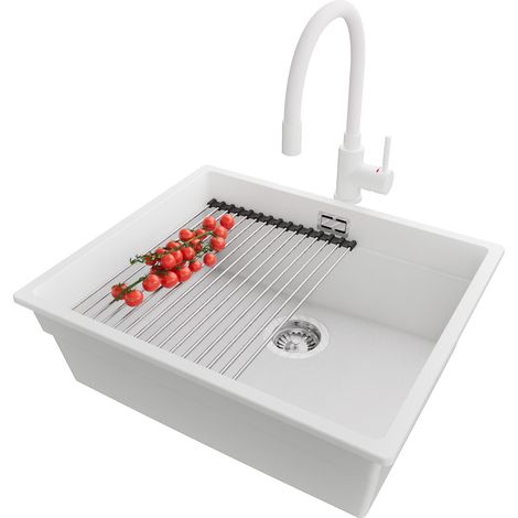 PRIMAGRAN Evier Sous Plan 56x47cm,Evier en Granit 1 bac + Robinet 38x14cm + Kit de Vidage + Égouttoir Enroulable, Évier au meuble 60cm - Prague, Blanc (1/5)