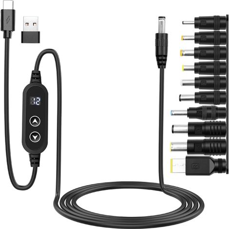 1.2m Câble Adaptateur PD vers DC, Adaptateur de Câble de Type C avec Interrupteur Marche/Arrêt, Tension Réglable 5V 9V 12V 15V 20V, avec 10 Têtes de Convertisseur CC pour Routeur, Hub (1/5)