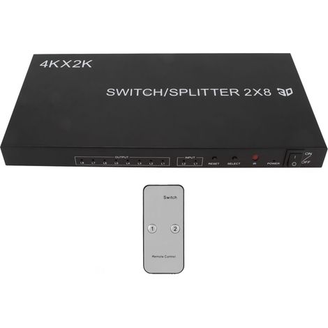 Commutateur d'interface multimédia HD 2x8 4Kx2K (2 entrées, 8 sorties) avec télécommande infrarouge et prise britannique. (1/5)