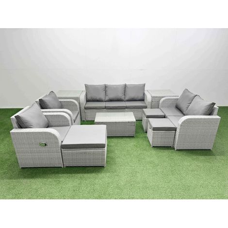 Fimous PE Rattan Garden Furniture Set Adjustable Chair Sofa Double Love Seat 2 Seater Sofa Lounge Set Oblong Coffee Table 3 Stools 2 Side Table Light Grey (1/4)