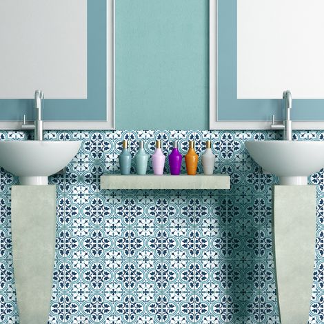 Sticker Mural Carrelage adhésif Cuisine Salle de Bain - 60 STICKERS CARREAUX DE CIMENT AZULEJOS LORETO - 60stickers20x20cm (1/5)
