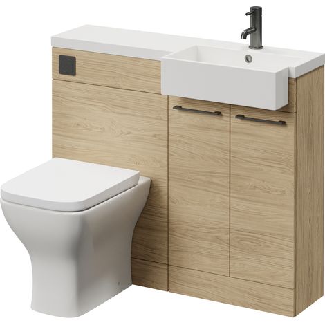 Napoli 250 Light Oak 1000mm 2 Door Vanity Unit Toilet Suite with Right Hand Square Rico Semi Recessed Basin - 1000mm - Gunmetal Grey 160mm HandleWith Kingston Toilet Pan and Seat